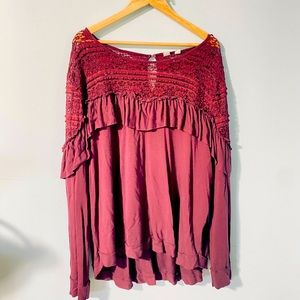 Melrose and Market Womens Burgundy Lace Drop Shoulder Ruffle Blouse